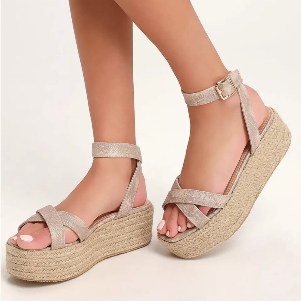 Lulu's Platform Cobi Beige Snake‎ Espadrille Sandals Size 5.5 Neutral Ankle Wrap